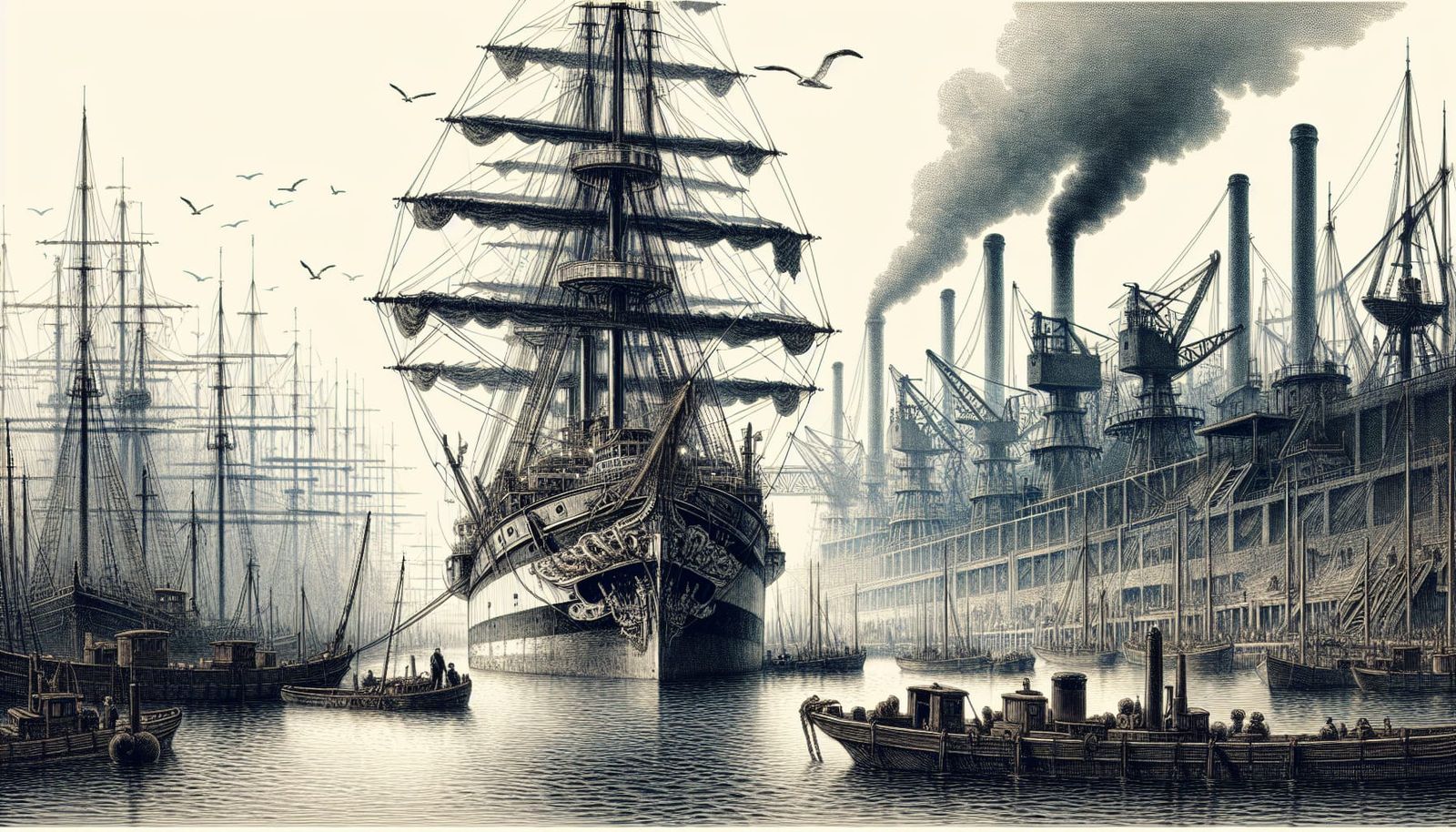 Vintage Harbour Scene with The Tramp Ship Dominating the Wat...