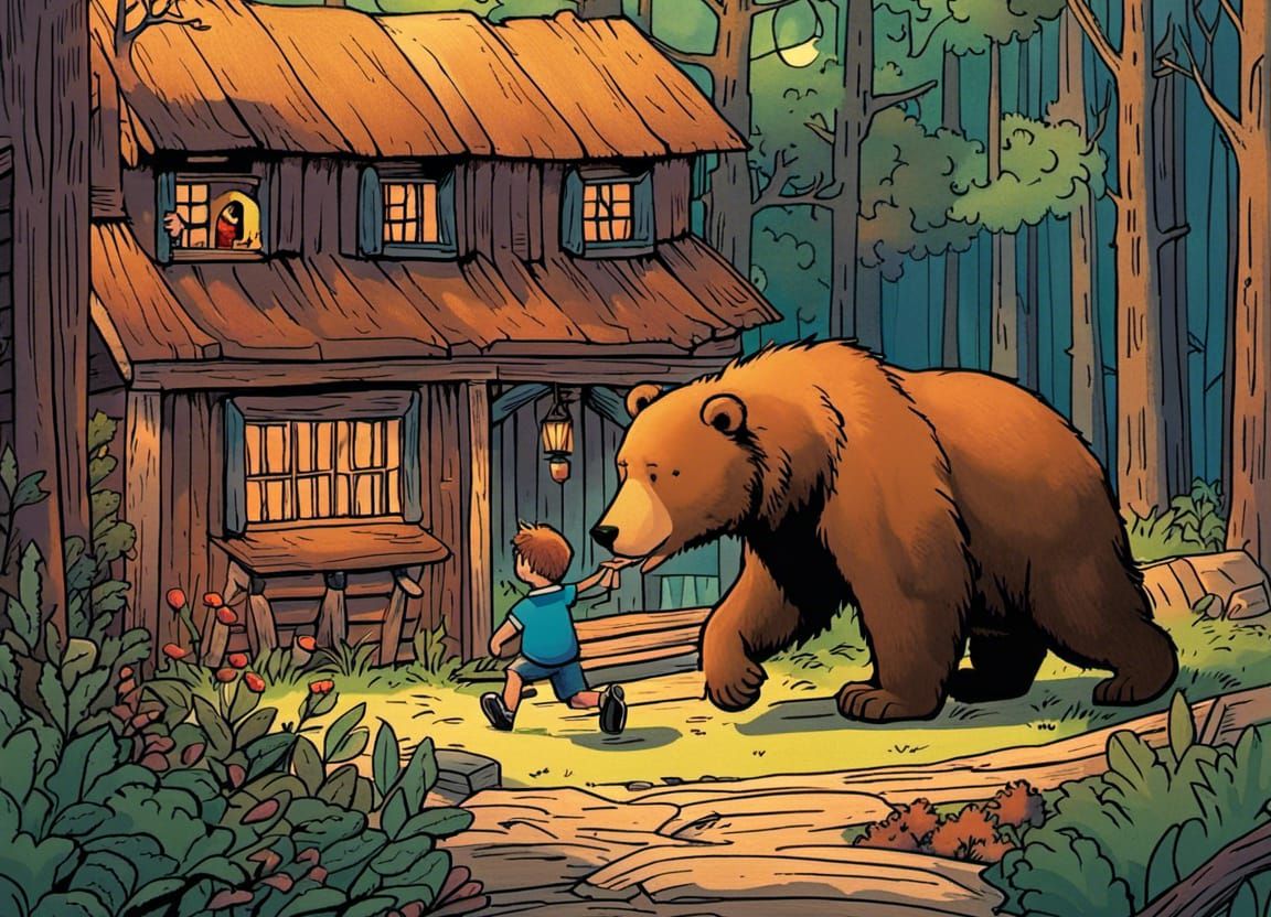 Boy Drags Bear into Forest Pub, Groening Style