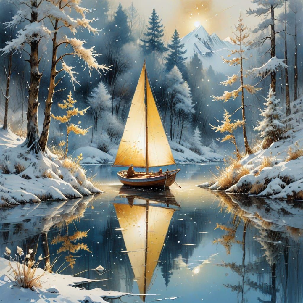Winter Lake Scene with Sailing Boat and Frosted Trees
