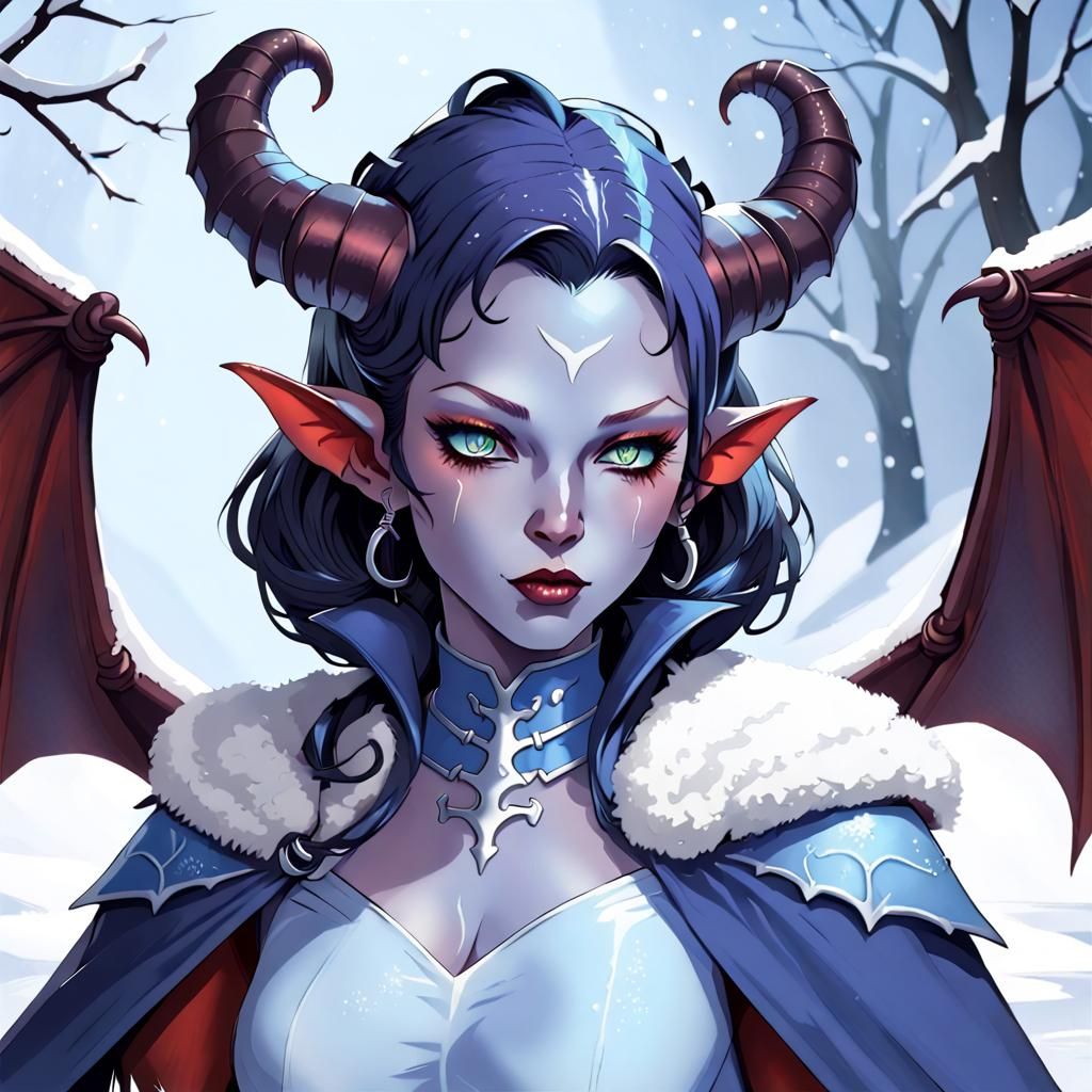 Icy Tiefling Warlock with Bat Wings