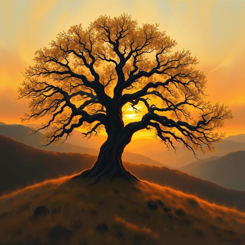 Ancient Tree Silhouetted Against Fiery Impressionistic Sunse...