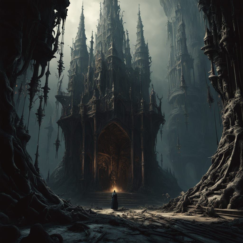 Dark Fantasy City Illuminated by Eerie Fungi