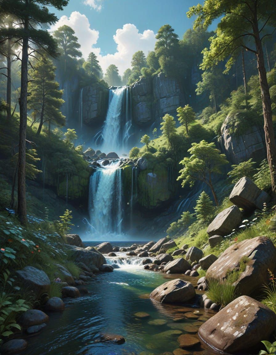 Hyper-Realistic Waterfall Scene in a Lush Summer Landscape