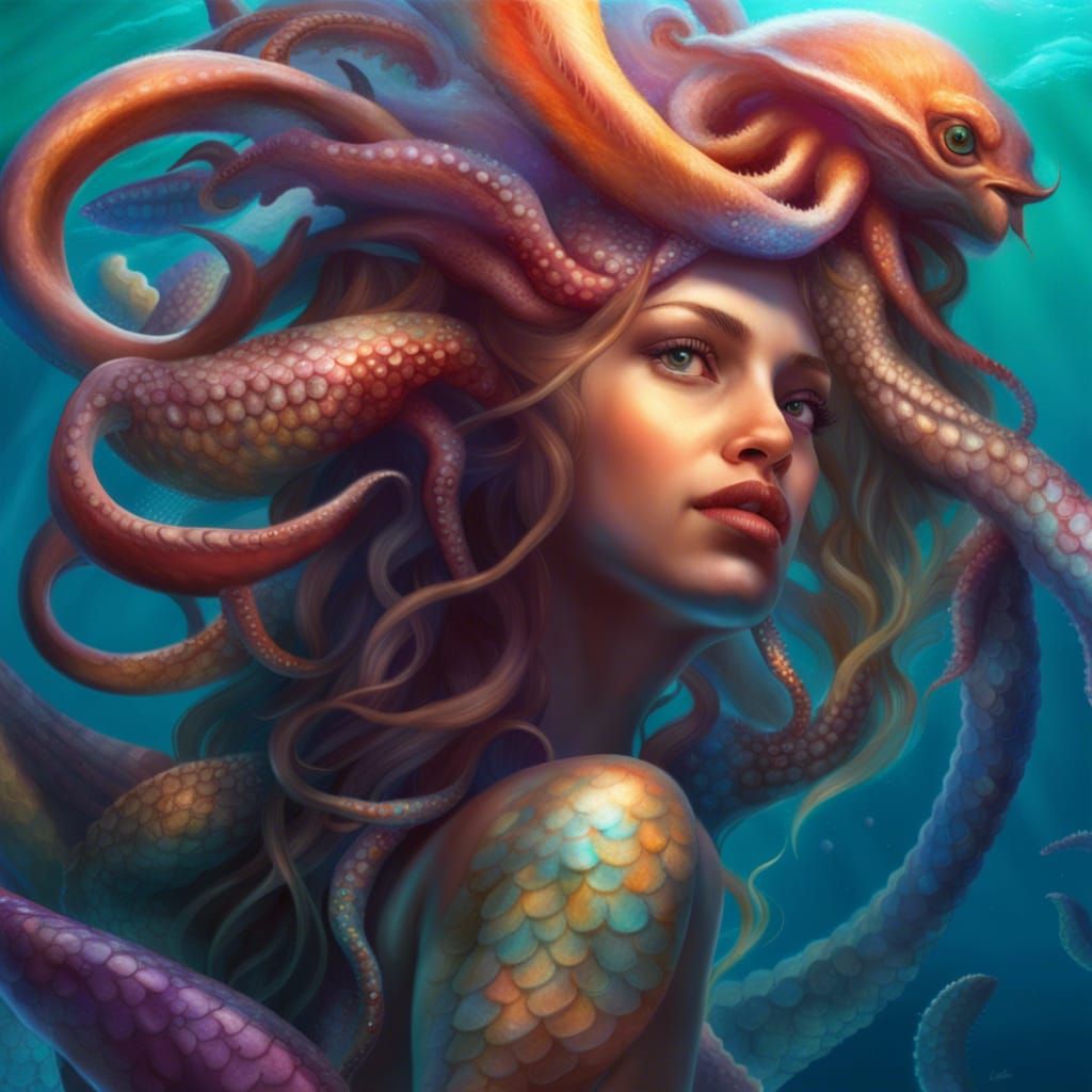 Mermaid with Octopus Tentacles, Hyperrealistic Concept Art