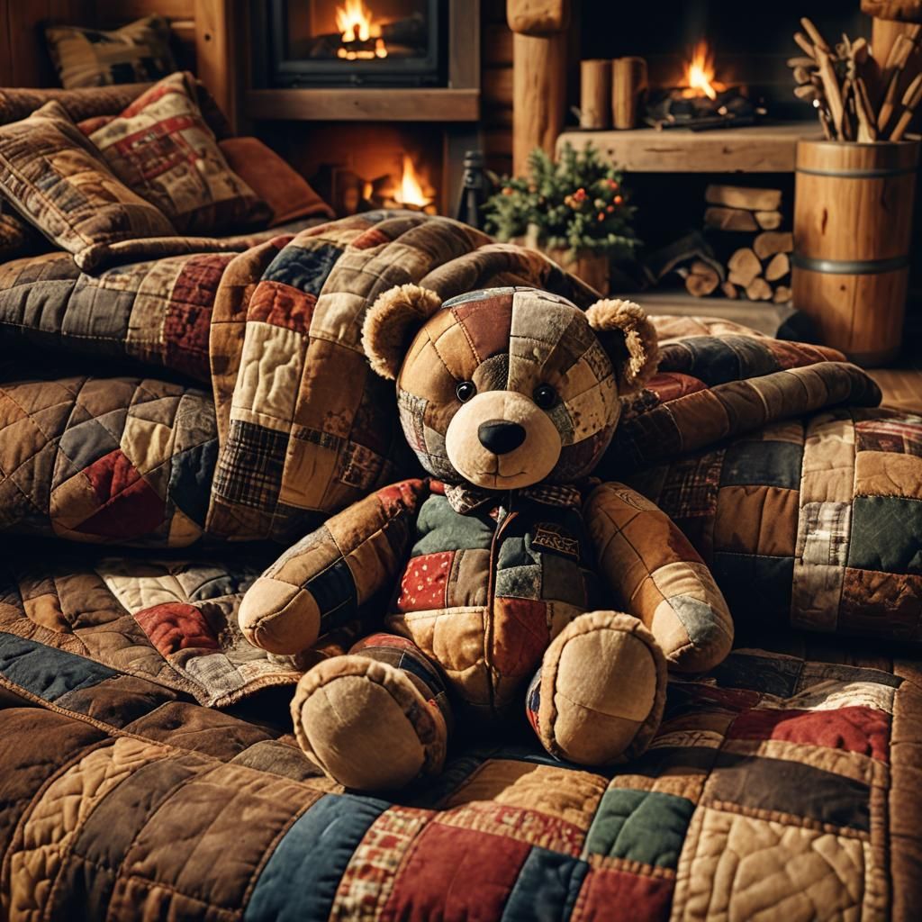 Hyper-Realistic Teddy Bear on Earthy Quilt in Cozy Log Cabin