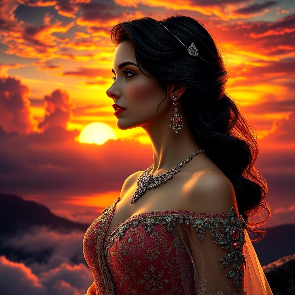 Woman Watches Sunset: Hyperdetailed Portrait