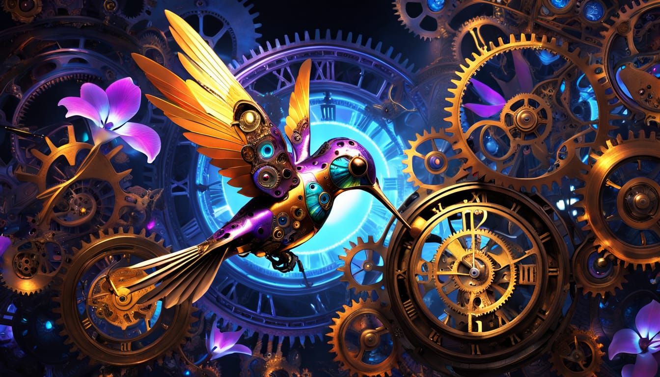 in a surreal swirling colorful Julia fractal setting A fractal steampunk-inspired clockwork hummingbird, its metallic fe...
