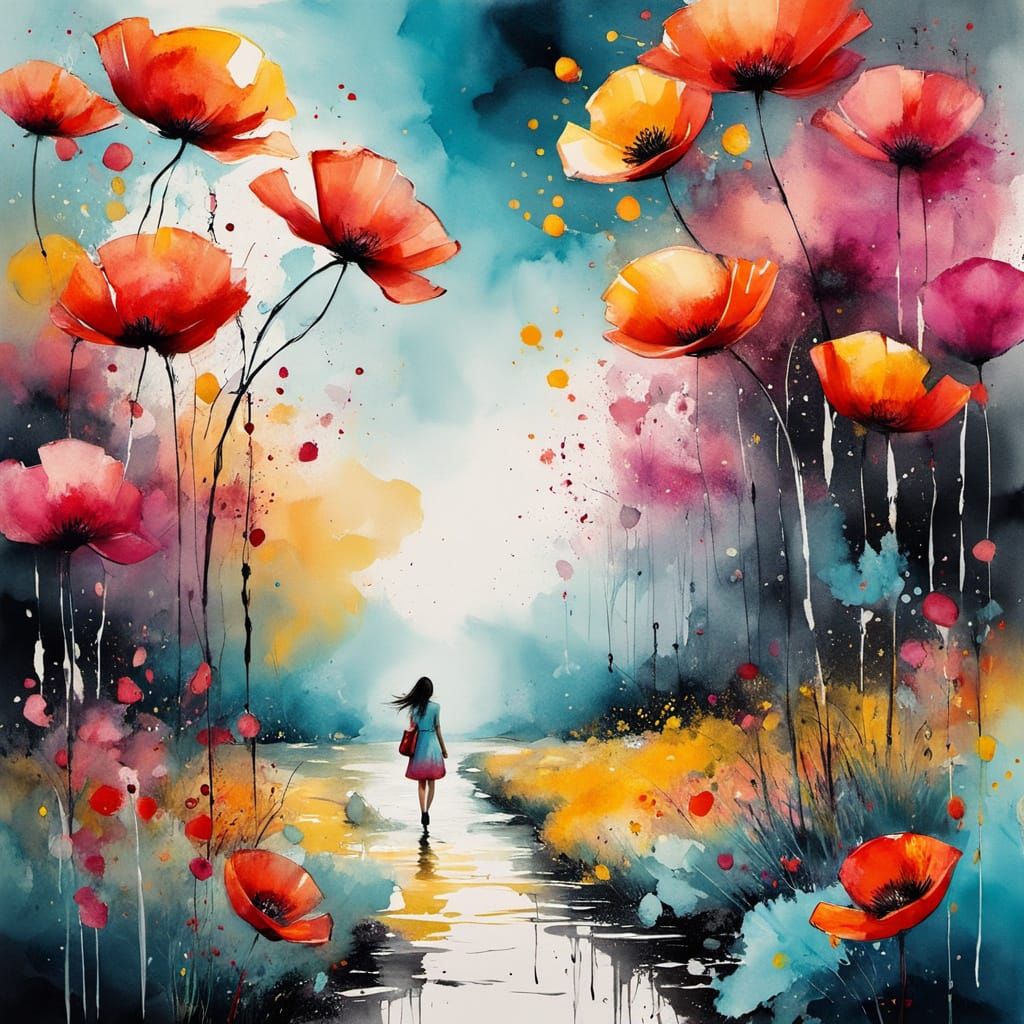 Ethereal Garden Path with Child, Ink and Watercolor Style