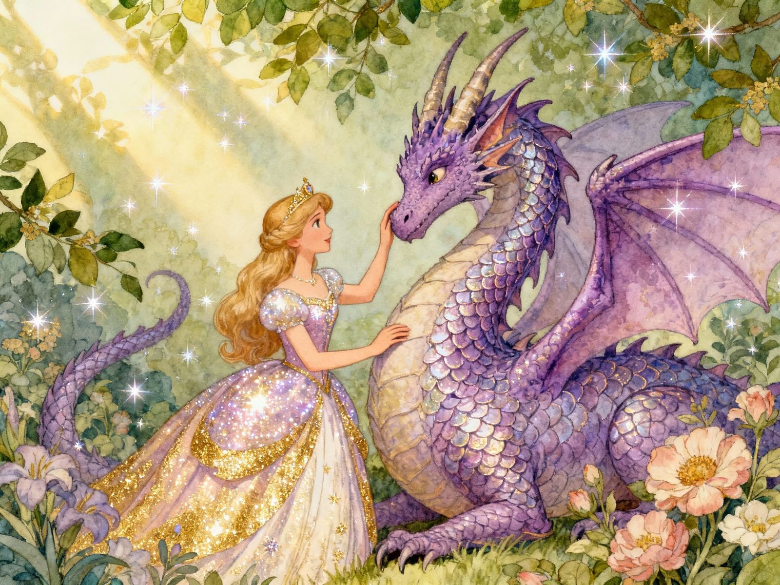 Sparkling Princess and Purple Dragon in Lush Garden