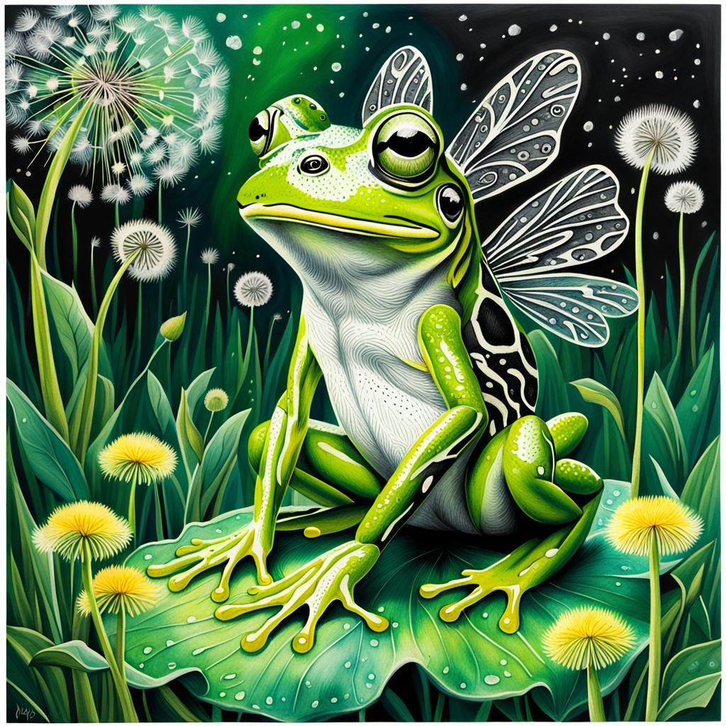 Green Frog with Fairy Wings in Crayon Drawing