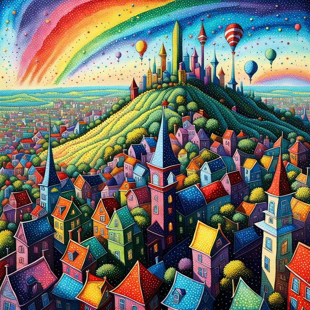 Colorful Pointillist Arrow to Whimsical City