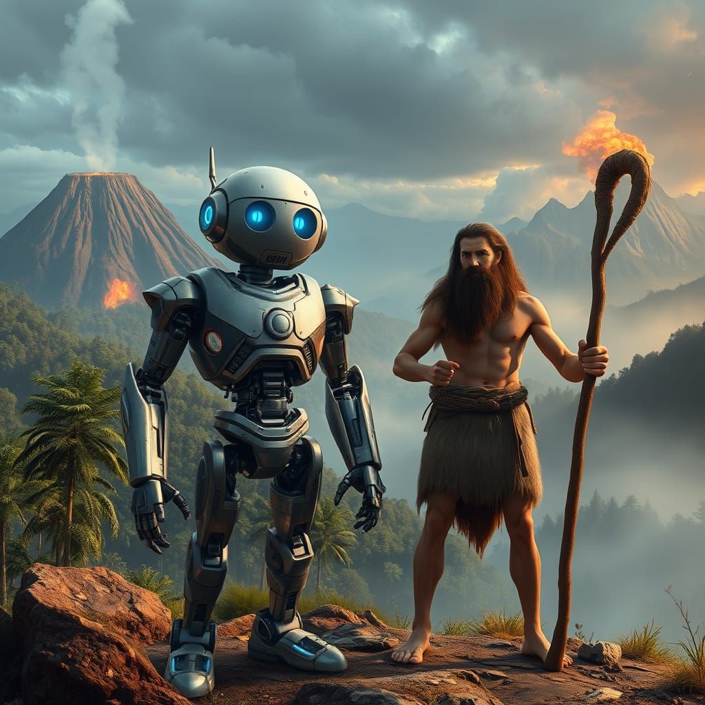 Robot and Caveman in Prehistoric Landscape