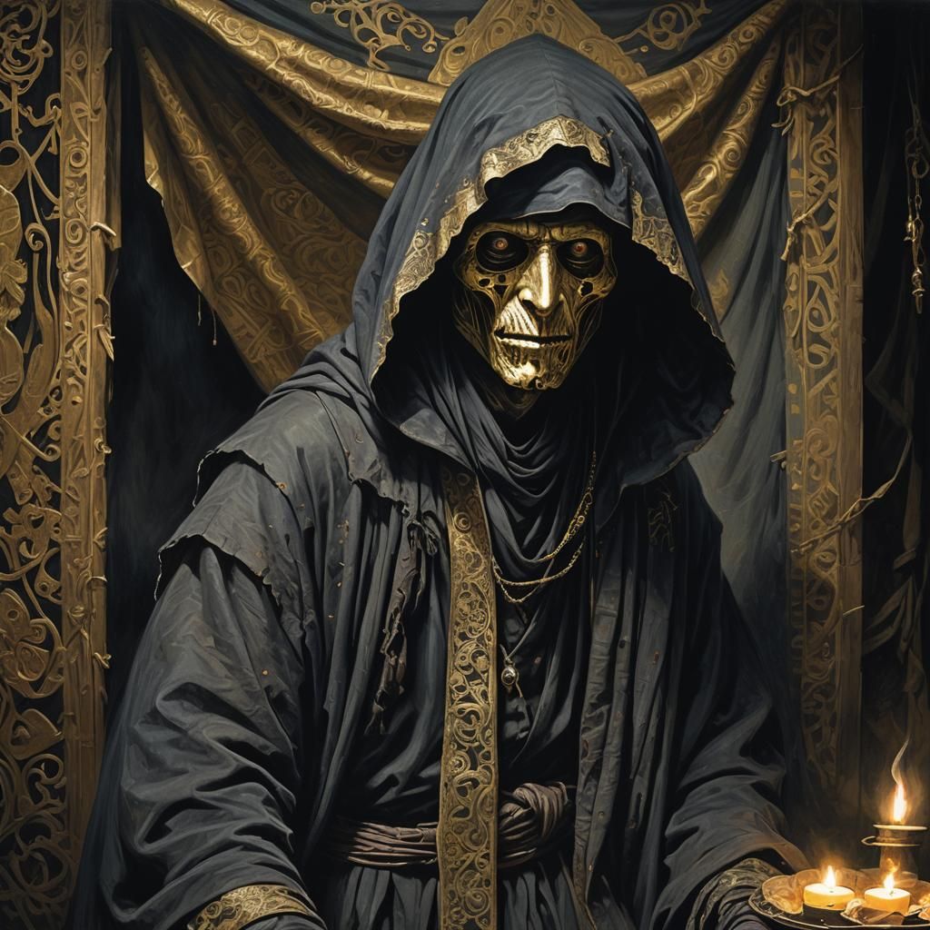 Ominous Vendor in Shadows: Biomechanical Dark Art