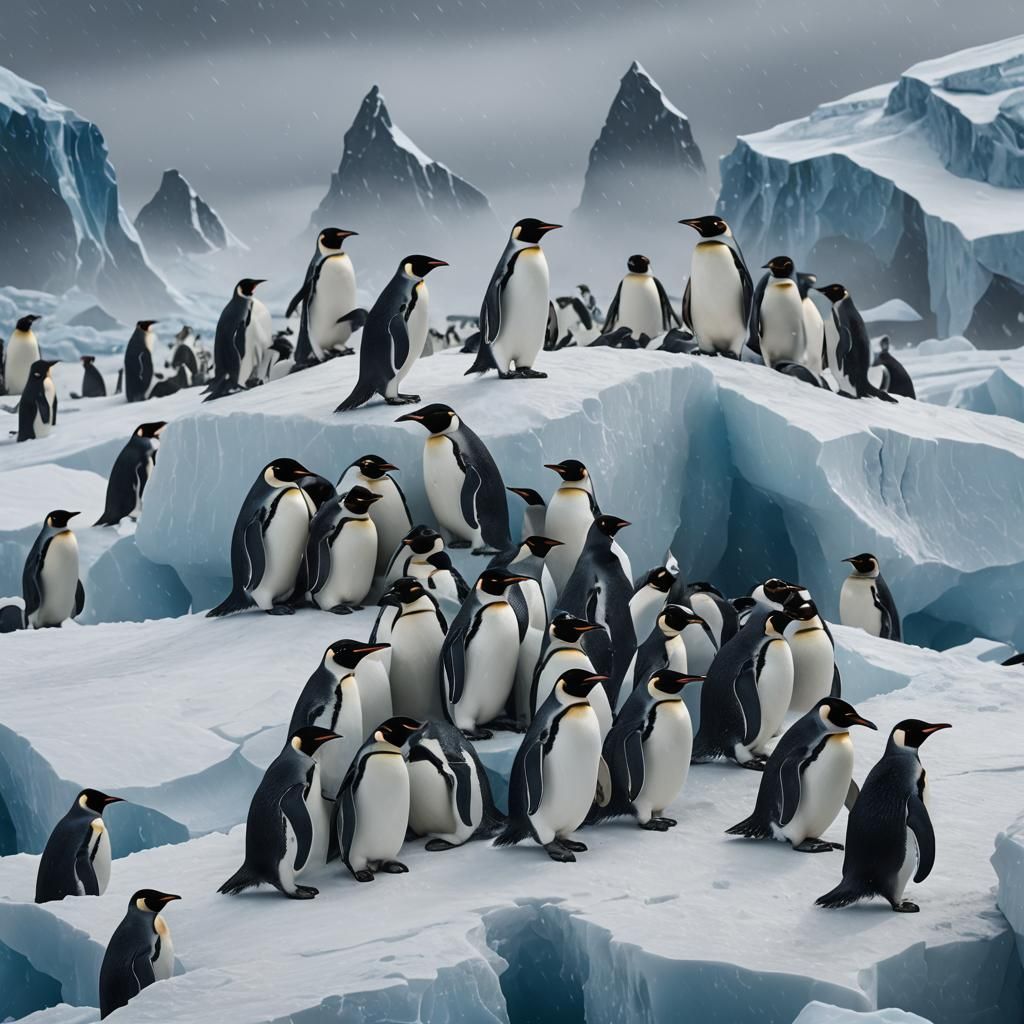Penguins Brave Antarctic Blizzard: Photorealistic Survival