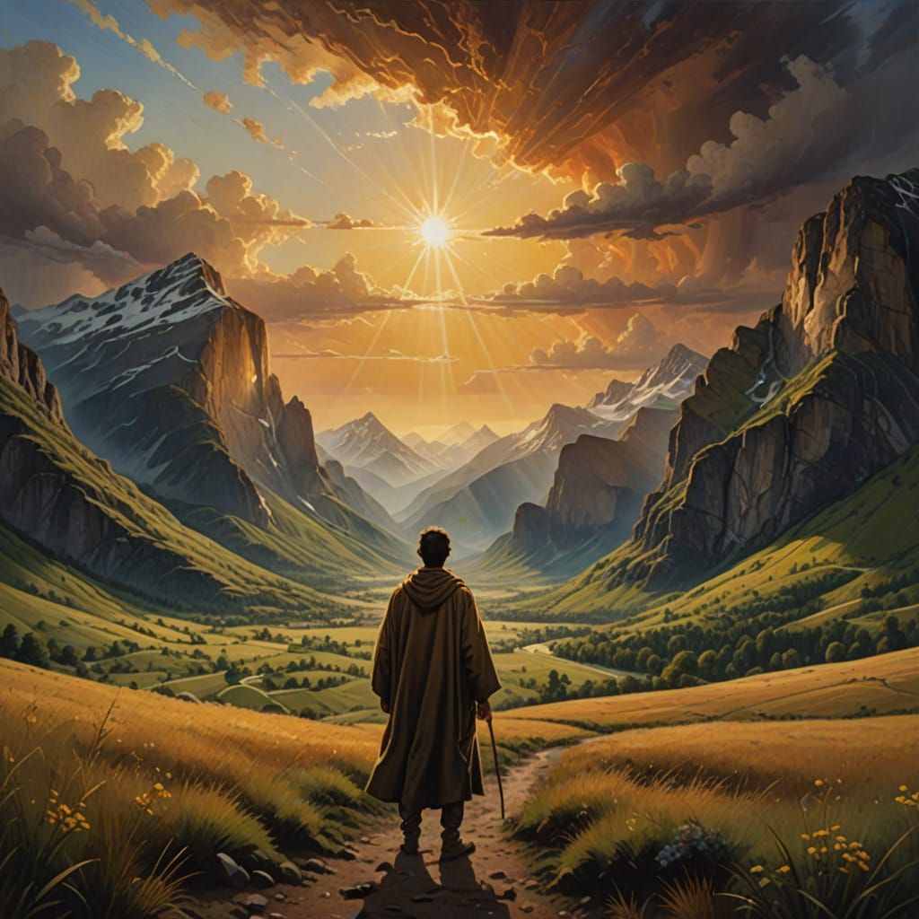 Lone Figure in Valley: Vibrant Oil Painting