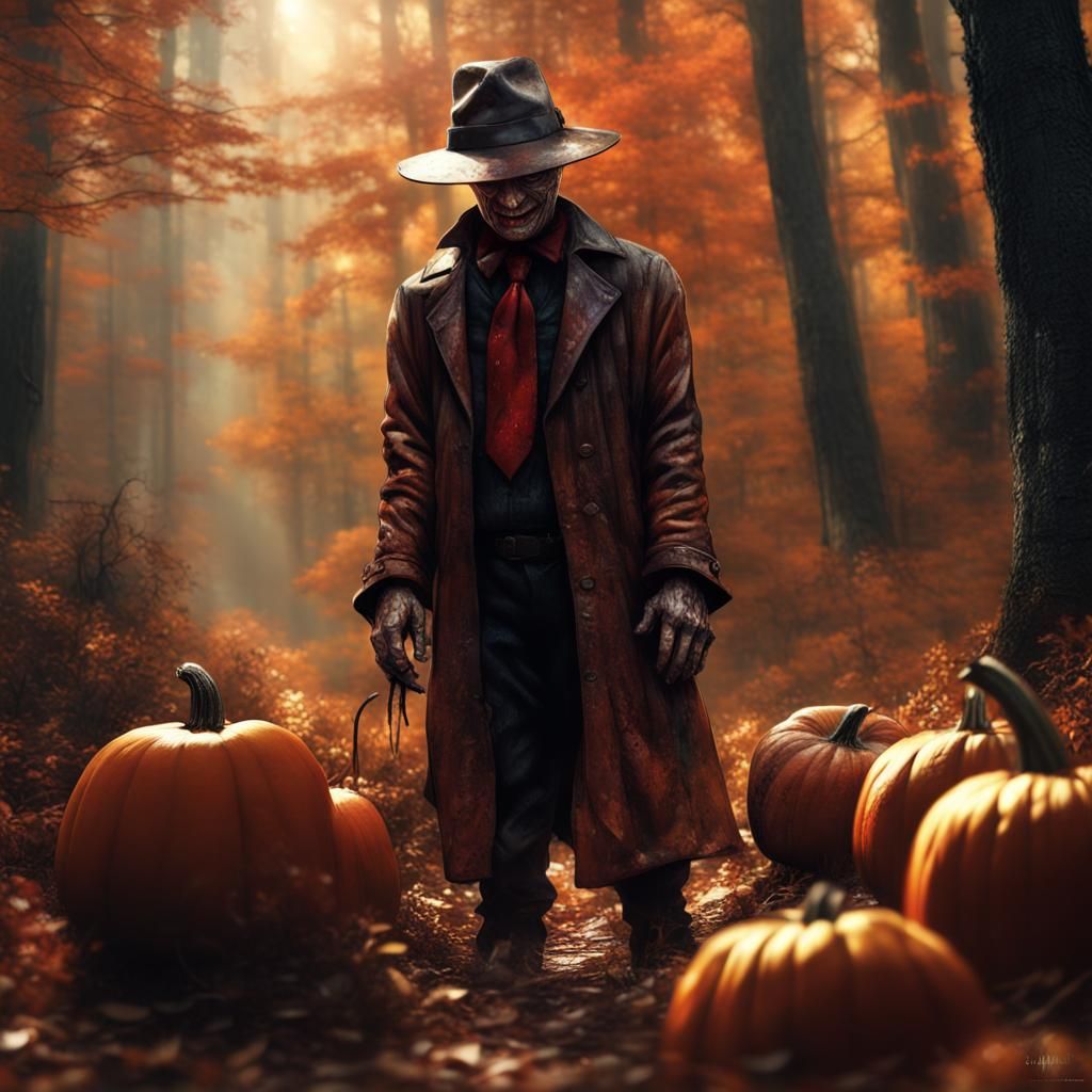 Pumpkin Krueger in Forest, Detailed Digital Art
