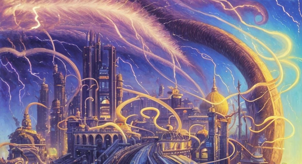 Ferrets and Cats Dance Amidst Aetherpunk Rooftop Stormscape