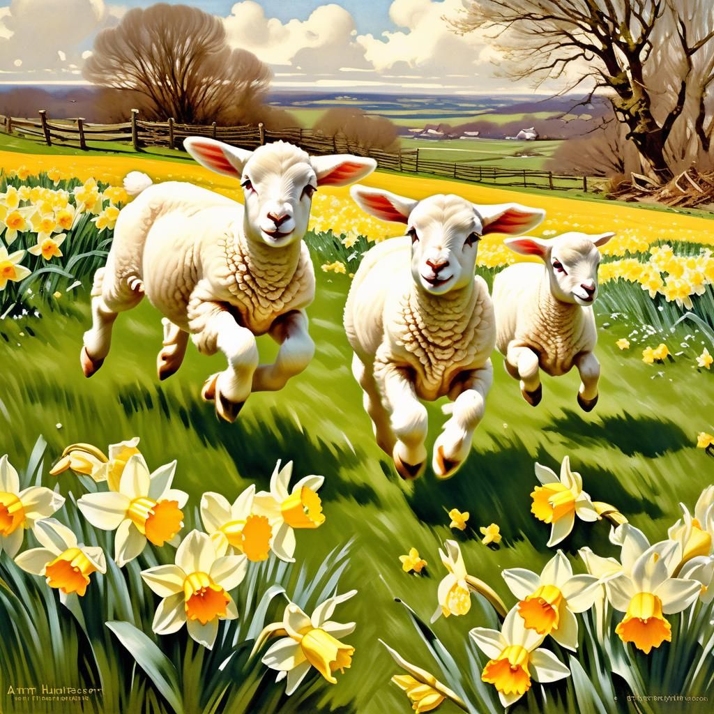 Lambs Playing in Daffodils, Pastoral Scene