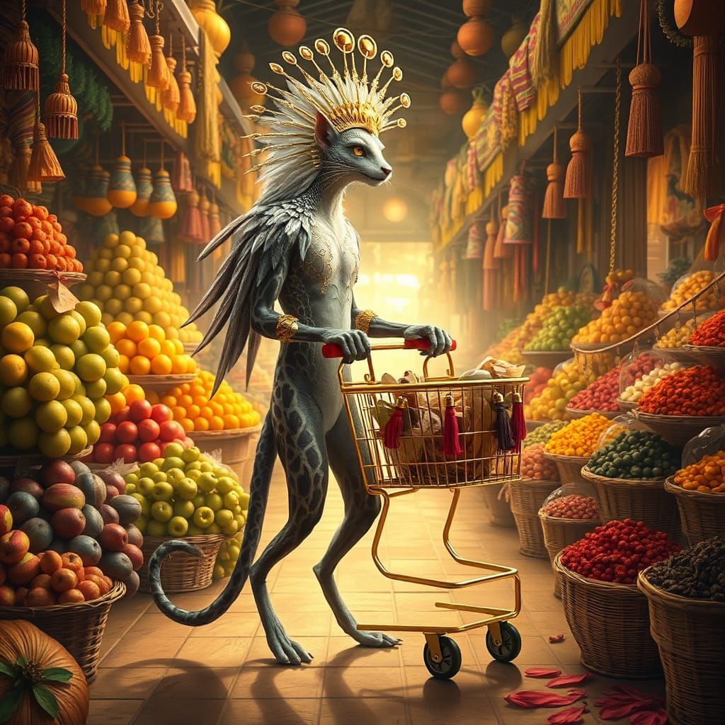 Ocelot-Peacock Shopping in a Fantasy Marketplace