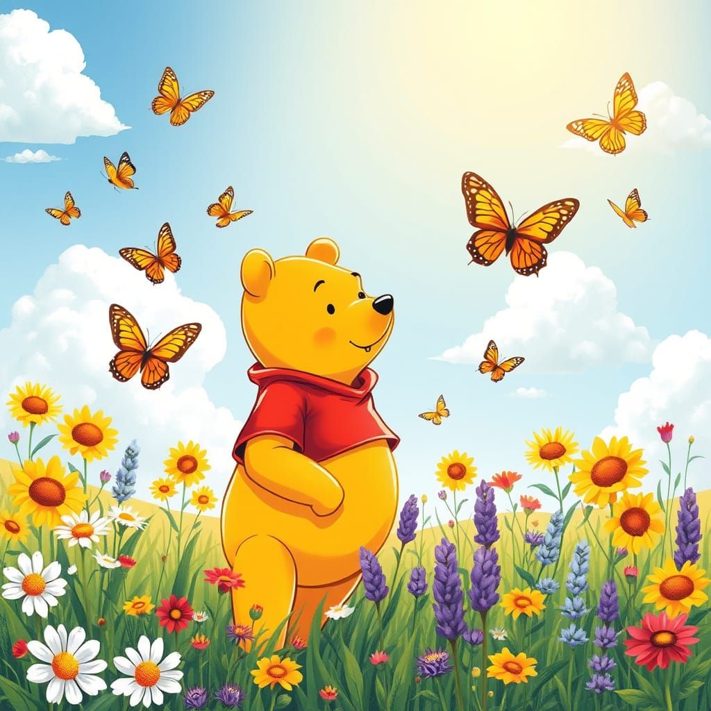 Whimsical Winnie the Pooh in a Vibrant Floral Wonderland
