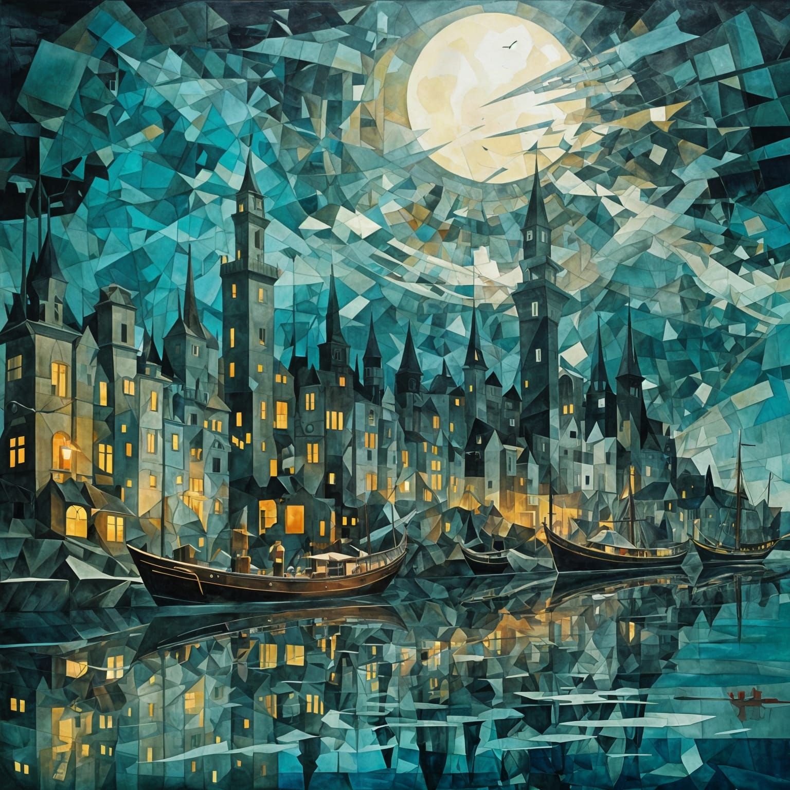 Aquamarine City: Cubist Watercolor Ocean Landscape