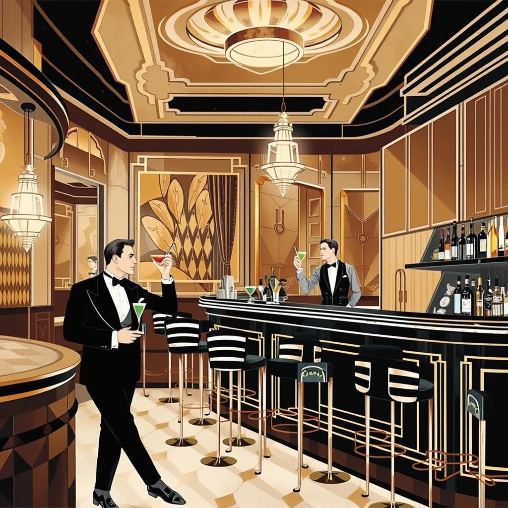 A chap in a tuxedo checking out stylish cocktails in a 1920s...