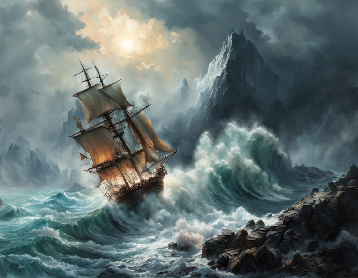 Dramatic Seascape with Ship in Pastel Colors