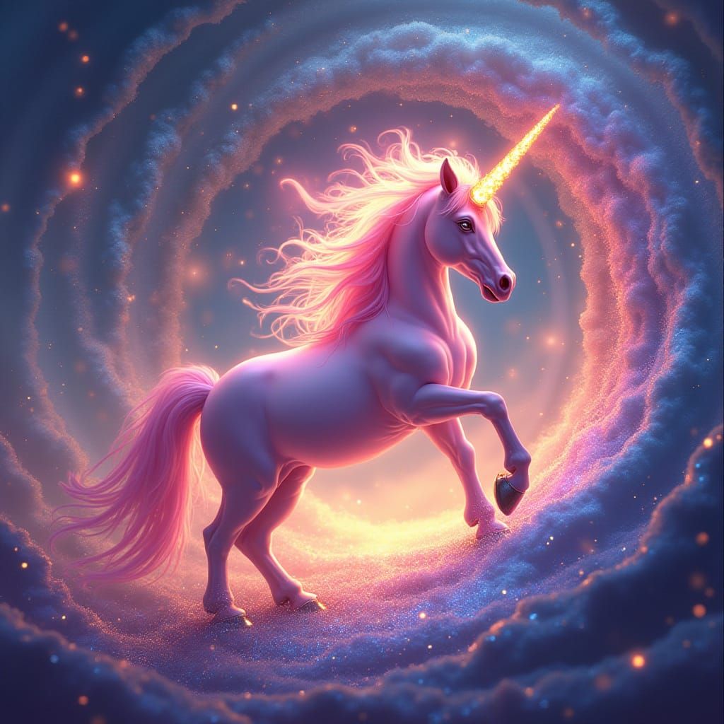 Neon Pink Unicorn Amidst Rainbow Glitter Vortex