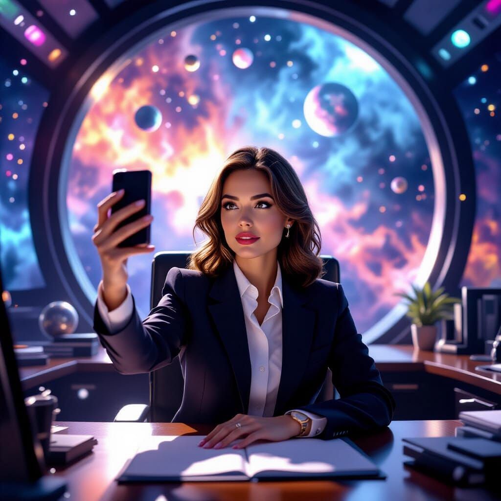 Secretary Takes Cosmic Selfie in Surreal Office