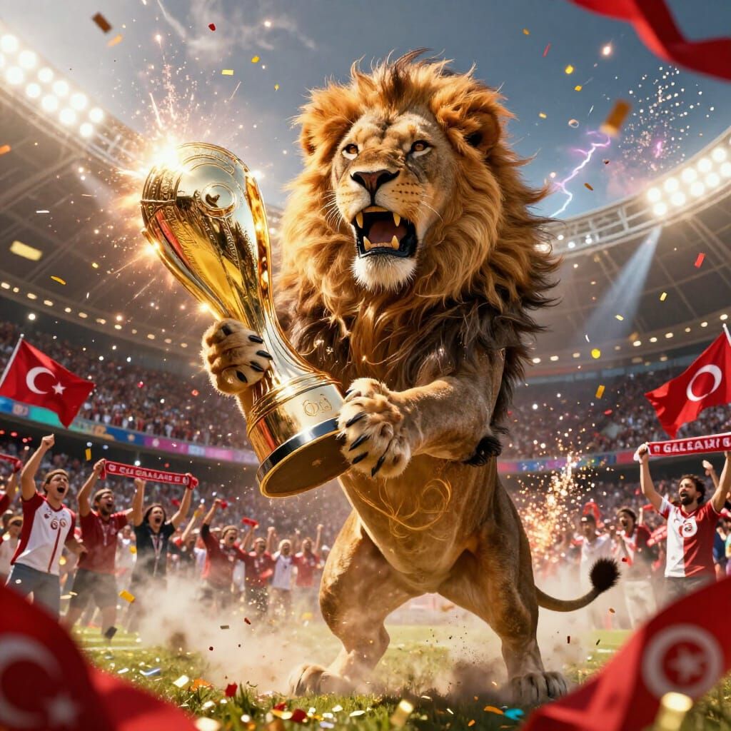 Lion Holds Turkish Championship Trophy in Epic Stadium Scene