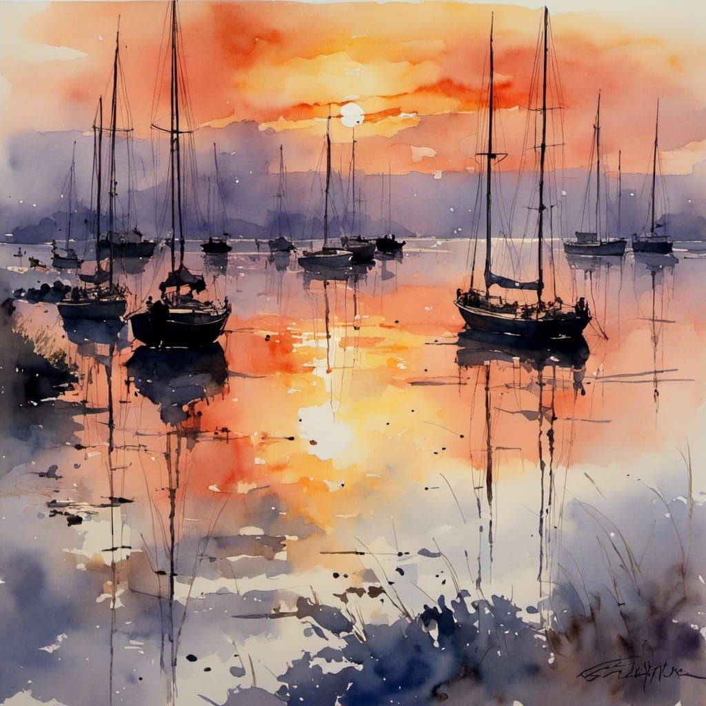 Warm Sunset Reflections in Watercolour Style