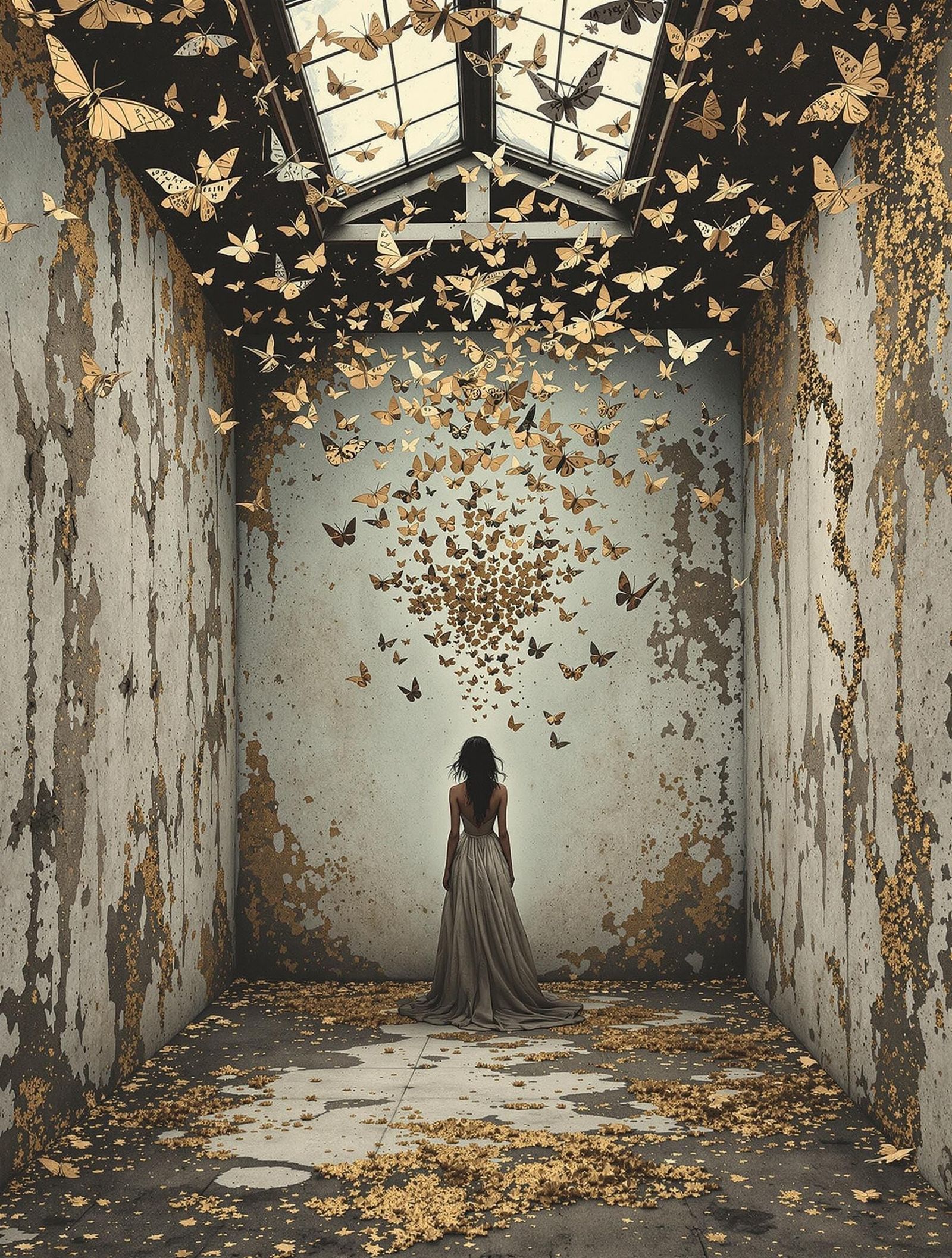 Ethereal Caretaker in Decaying Gallery