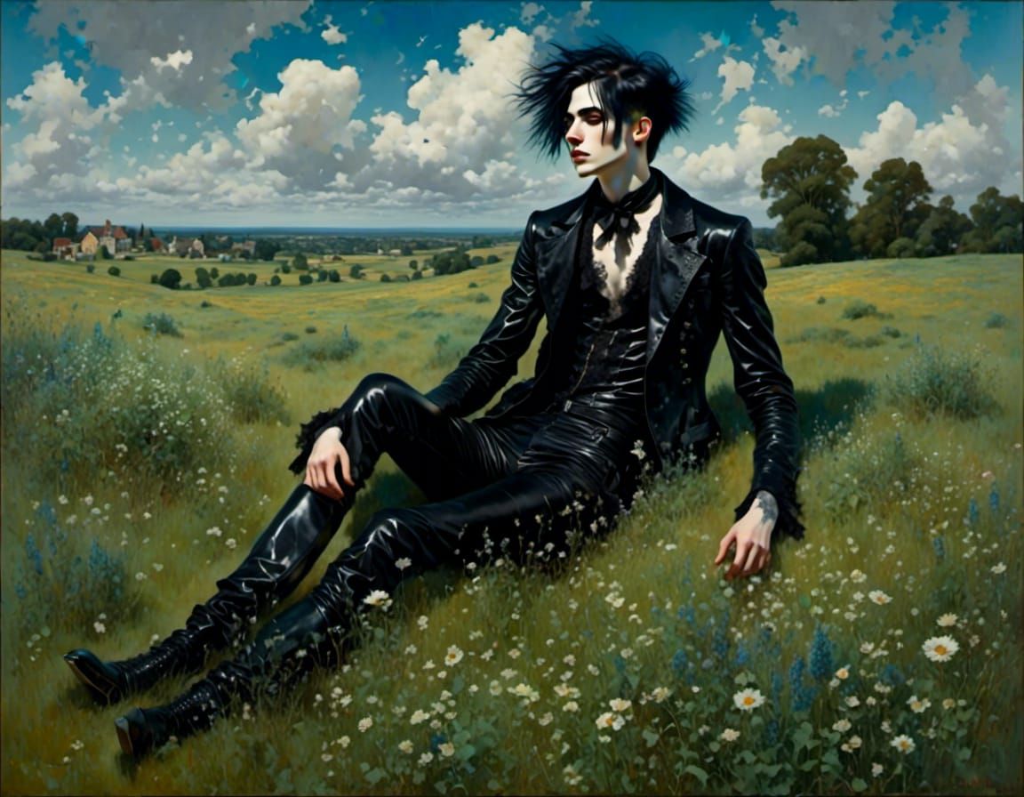 goth boy in a summer meadow