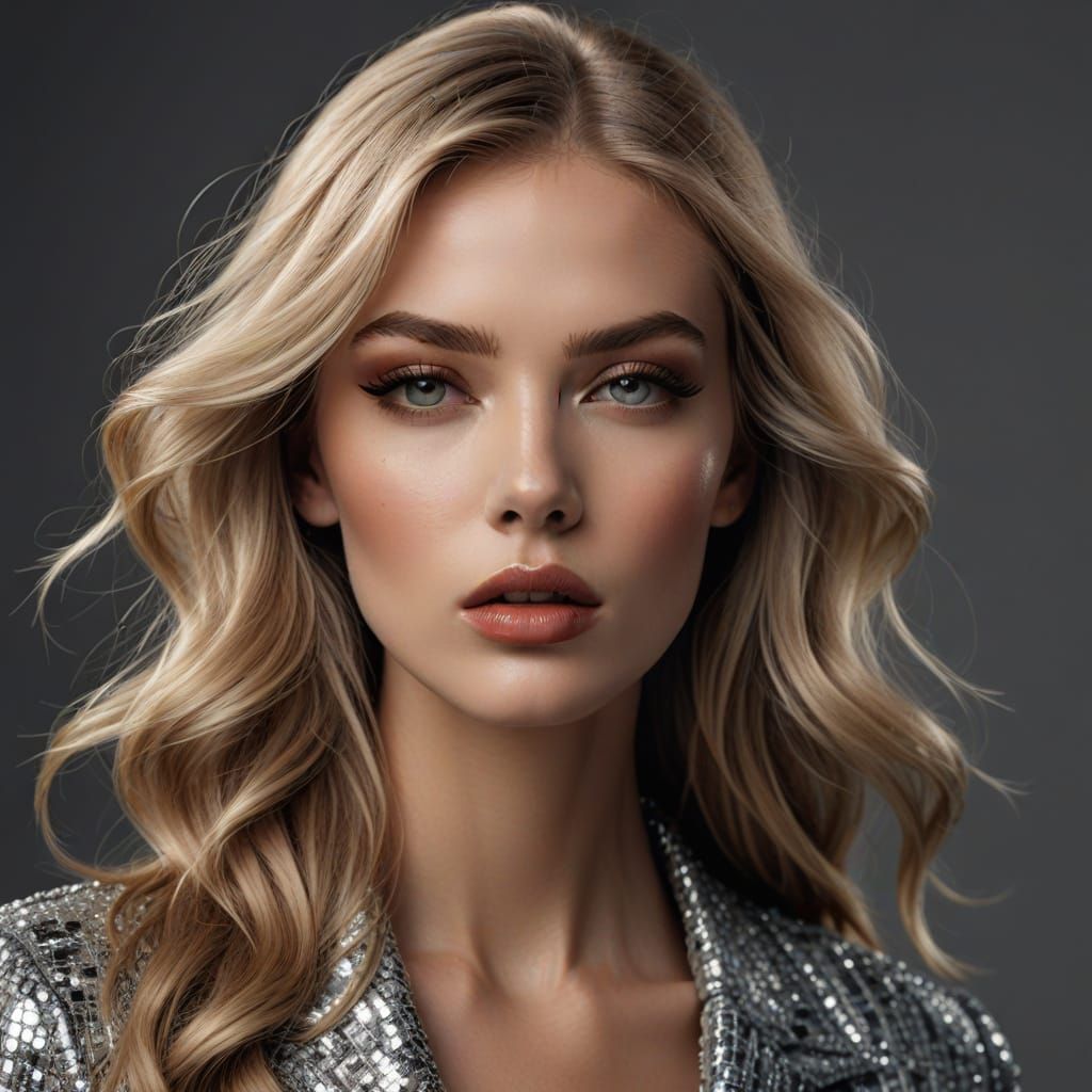 Elegant Blonde Woman Blowing Subtle Kiss in Studio Light