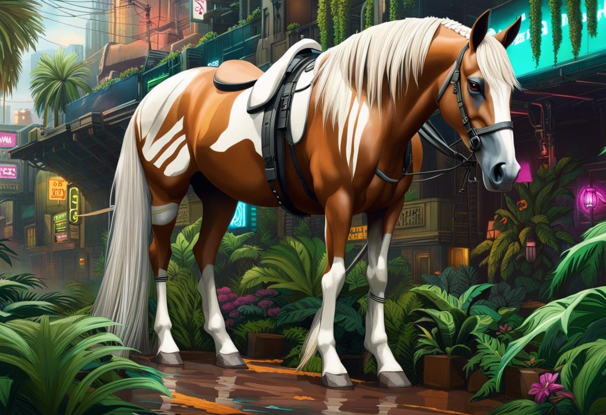 Horse in Dystopian Cyberpunk Cityscape