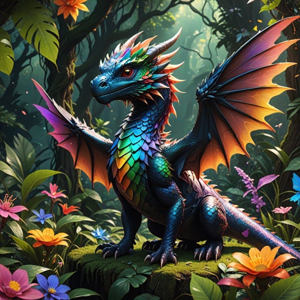 Iridescent Dragon Hatchling in Jungle, Anime Art