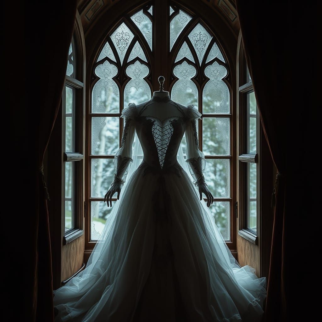 Ethereal Gothic Ball Gown in a Haunting Atmosphere