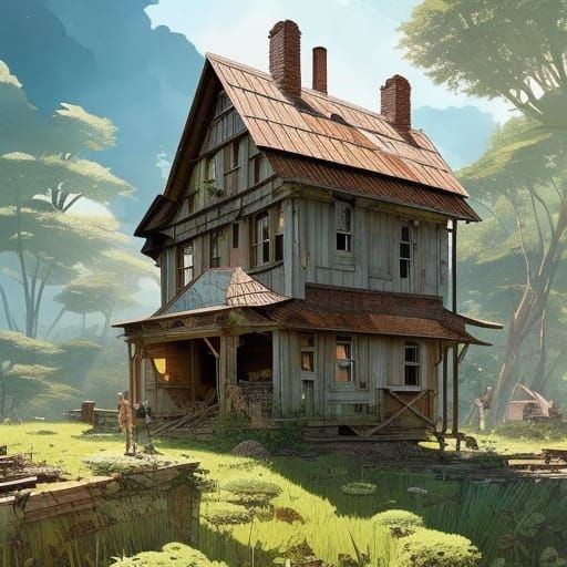 Overgrown Dieselpunk Farmhouse in Detailed Ink Painting