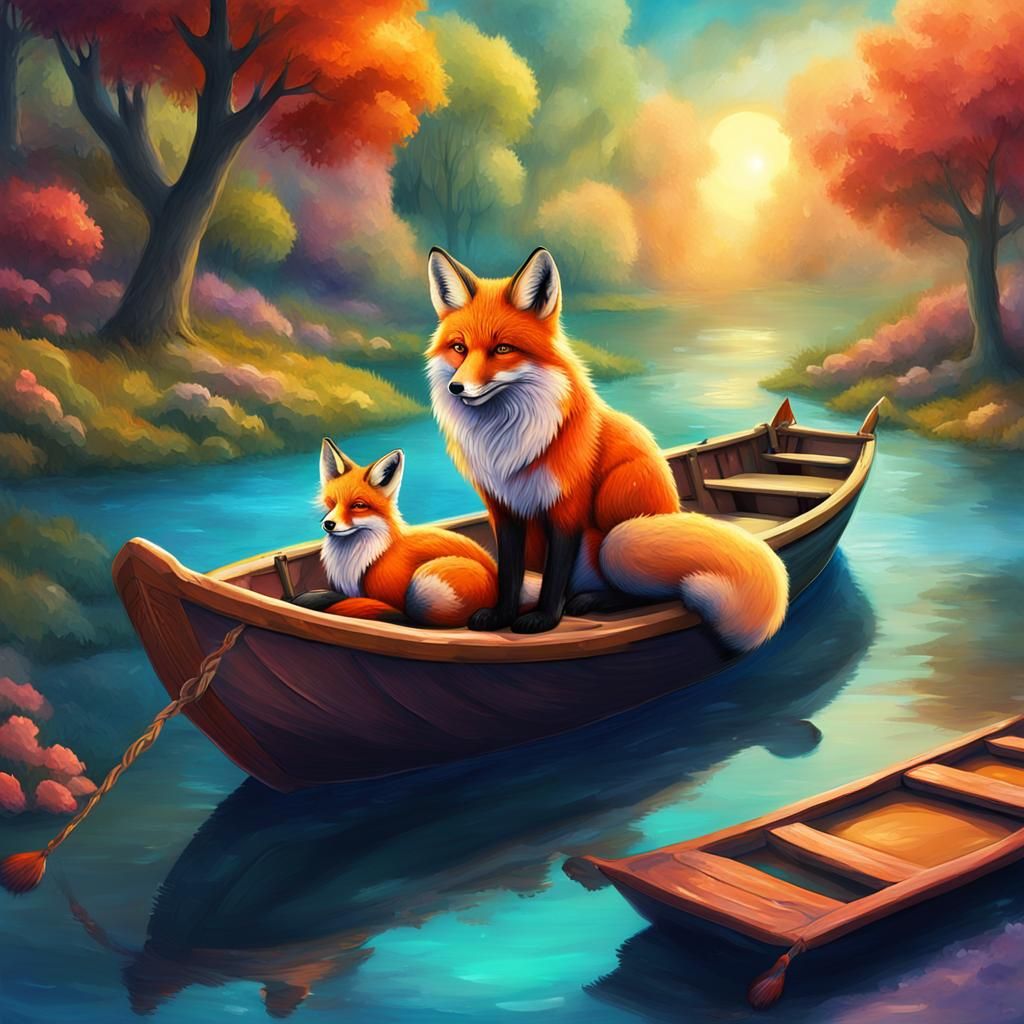 Fox and Wolf on River Boat: Digital Painting