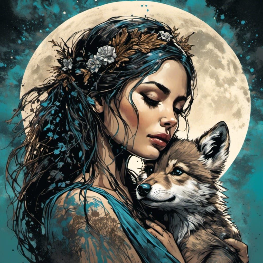 Tattooed Woman, Wolf Cub, and Full Moon in Graffiti Art
