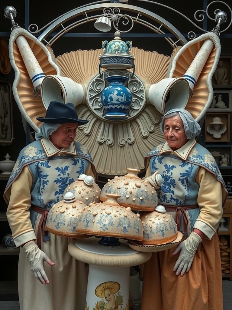 Elderly Artisans Tend Surreal Mushrooms in Dreamlike Studio