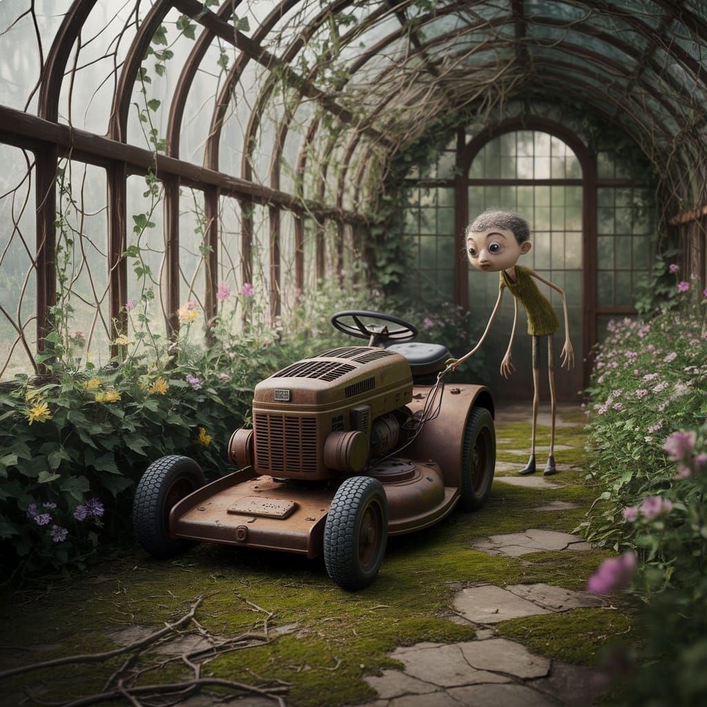 Dieselpunk Lawnmower in Overgrown Greenhouse