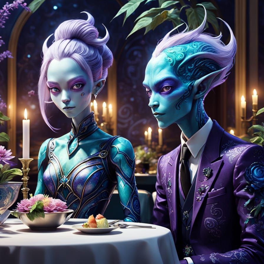 Elegant Alien Couple Dines in a Cosmic Restaurant Scene