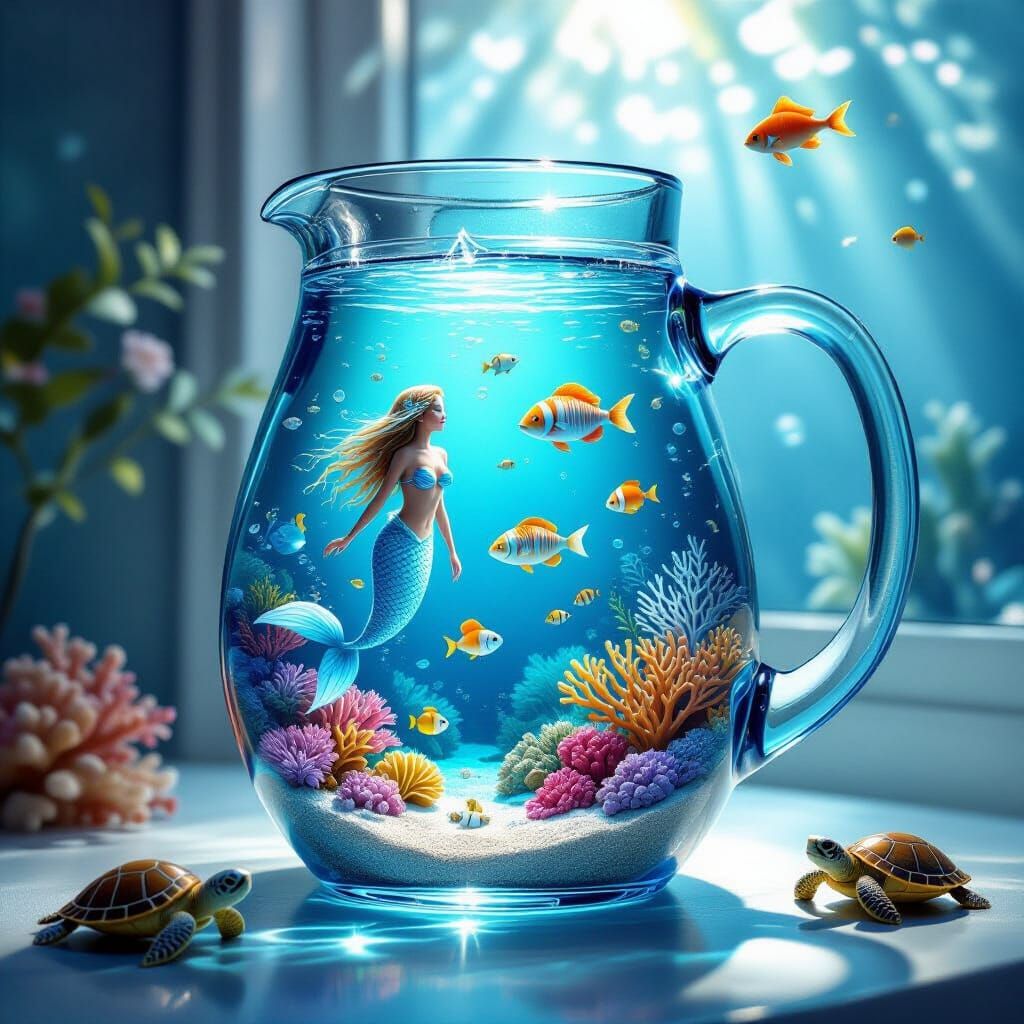 Glowing Mermaid Scene Inside a Glass Jug