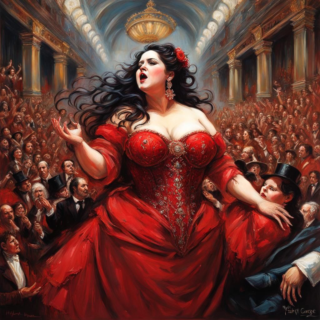 "Iconic female opera singer in red."