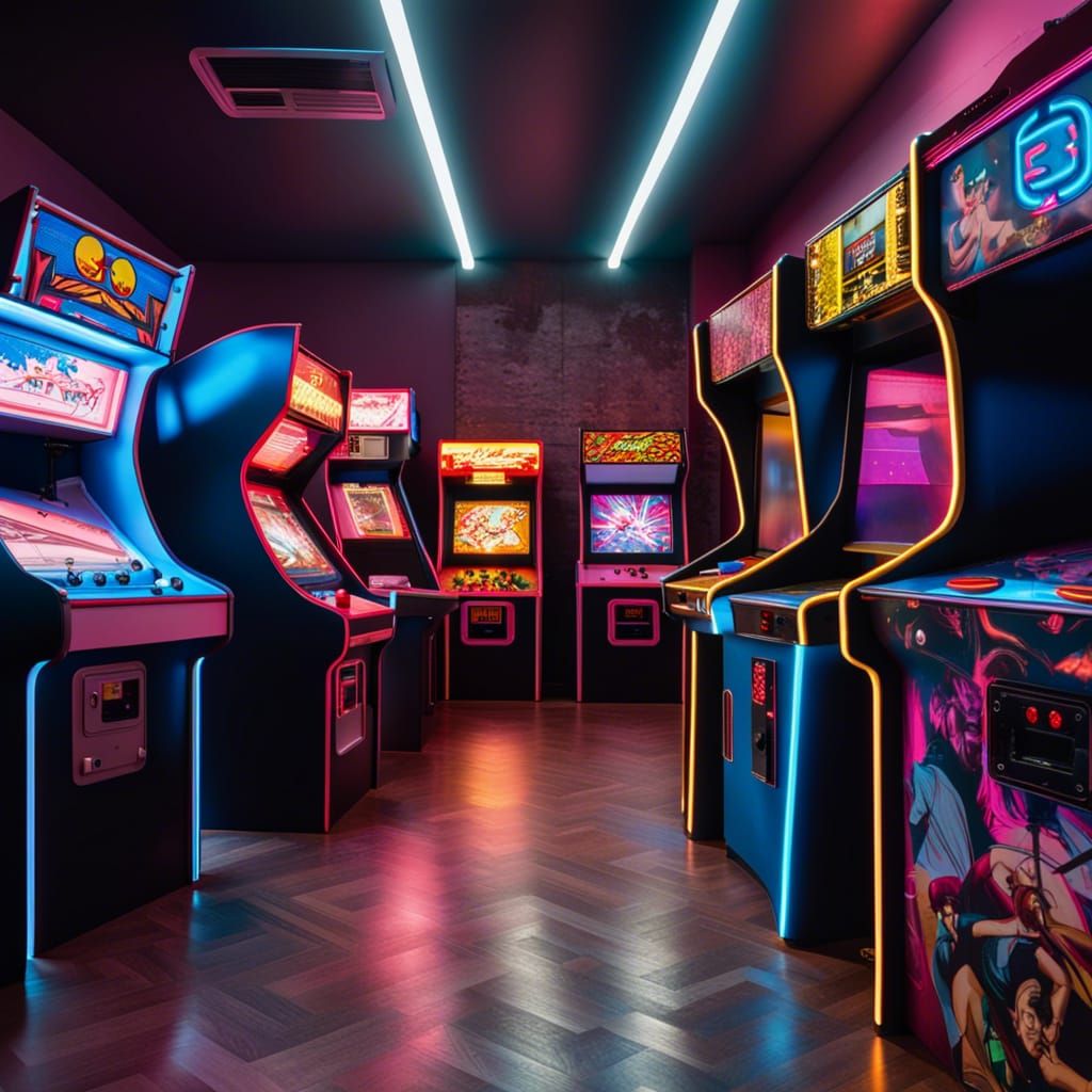 Retro Arcade with Neon Lights and Classic Games