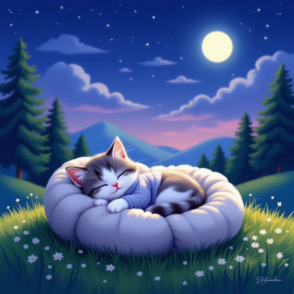 Munchkin Kitten Asleep in Cat Bed, Whimsical Style