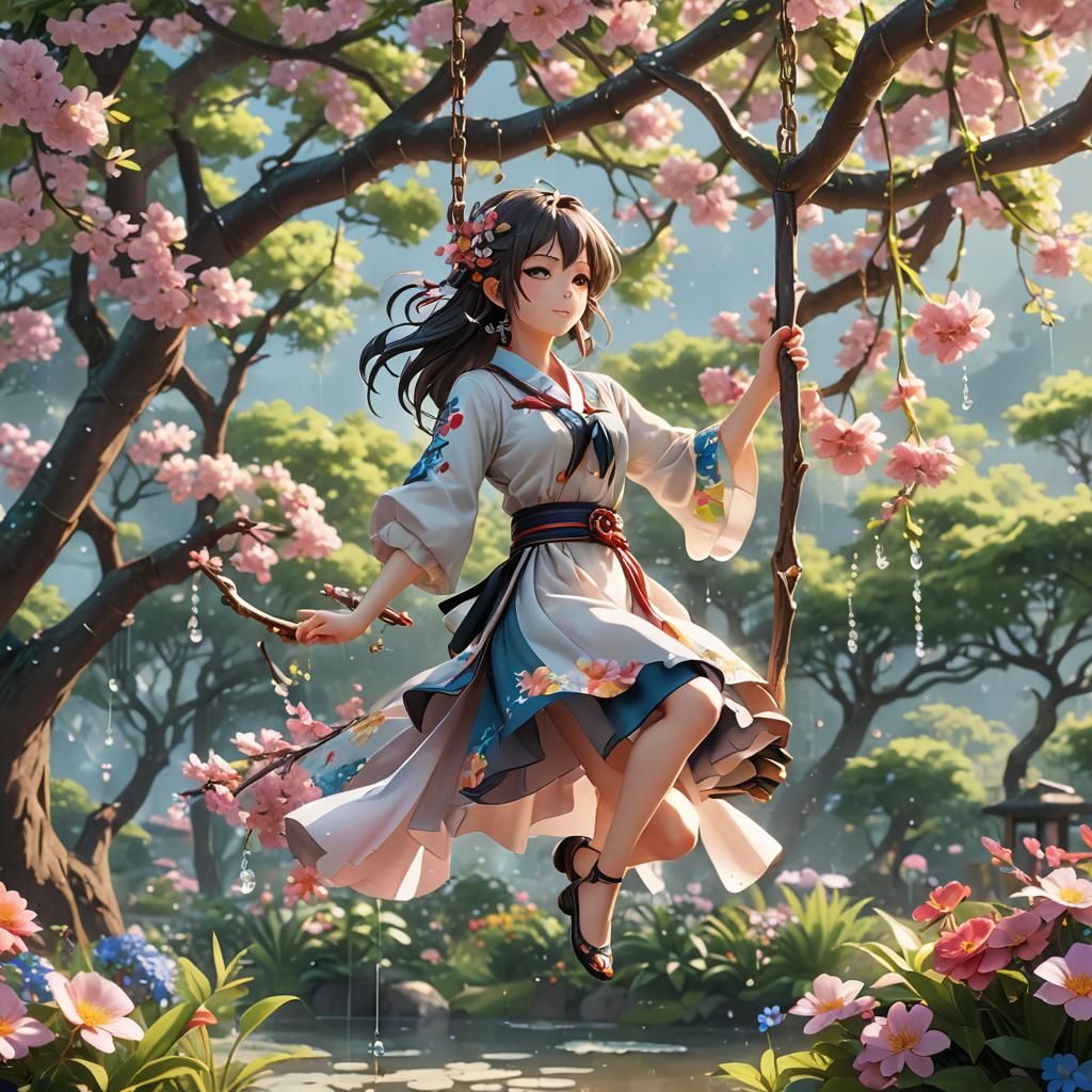 Anime-Style Garden Swing in Overcast Sunlight