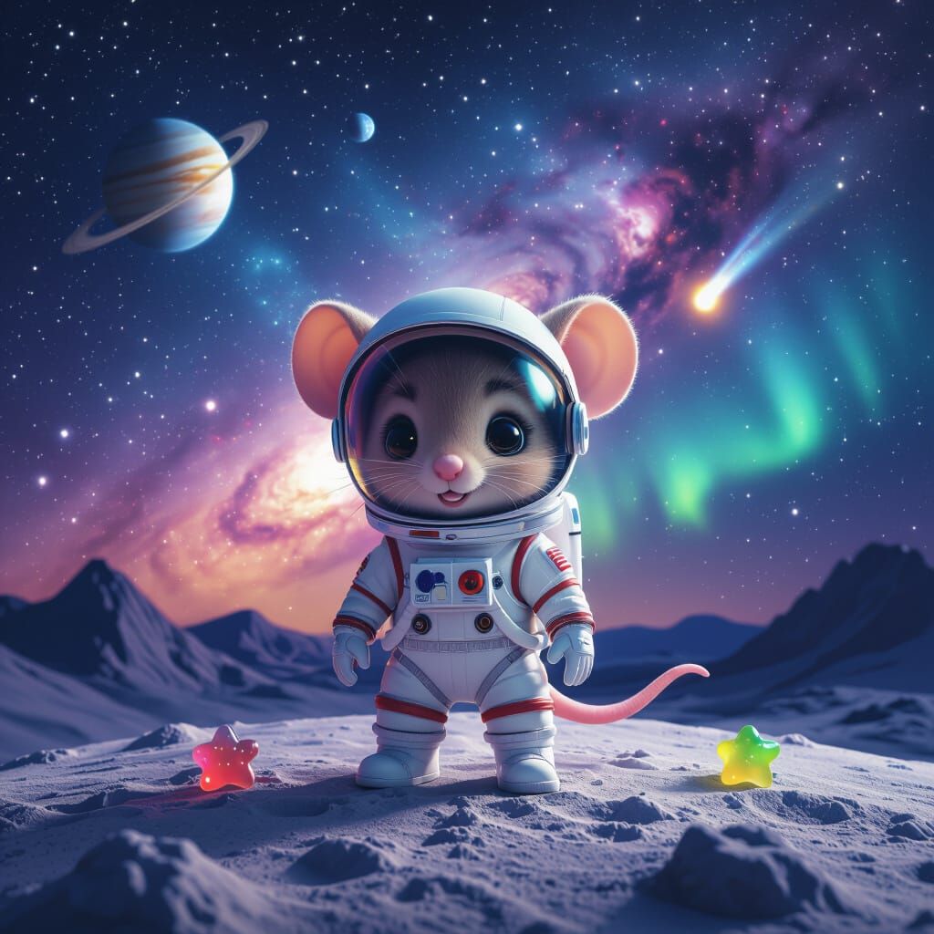 Chibi Mouse Astronaut on Moon Surface in Nebula