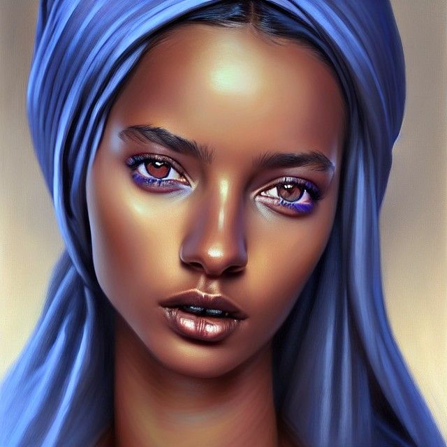 A portrait of a Beautiful black skinned, blue eyed arab woman by Calum Stevenson's, Mandy Jurgens and Alayna Danner. 

B...